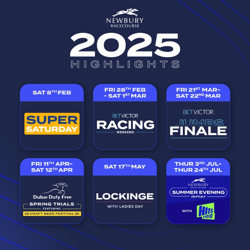 NewburyRacing's tweet photo. 📅 2025 FIXTURES 📅

2025's racedays have been confirmed 🙌

Newbury is to host 31 fixtures with 11 Premier Racedays 🏇

Register for priority access to Super Early Bird tickets to guarantee the best deal 🎫

2025 Memberships &amp; hospitality packages available soon 👌

Full info 👇