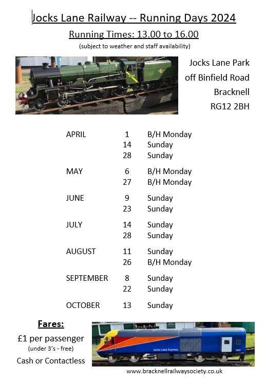 Trains will be running on the miniature railway at Jocks Lane Park in #Bracknell this Sunday, August 11, from 1pm to 4pm and on the bank holiday Monday on August 26. bracknellrailwaysociety.co.uk/jocks-lane-min…