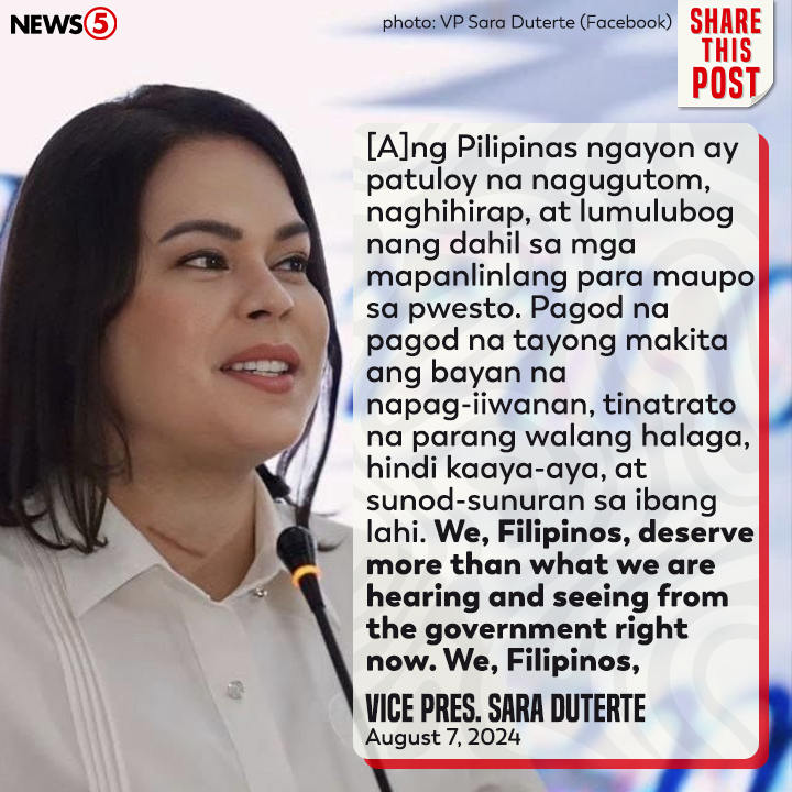 News5PH's tweet photo. 'WE, FILIPINOS, DESERVE MORE THAN WHAT WE ARE HEARING AND SEEING FROM THE GOVERNMENT RIGHT NOW.'

Ito ang iginiit ni Vice Pres. Sara Duterte matapos niyang batikusin ang mga namumuno sa bansa. #News5 https://t.co/C6MwYXA34x