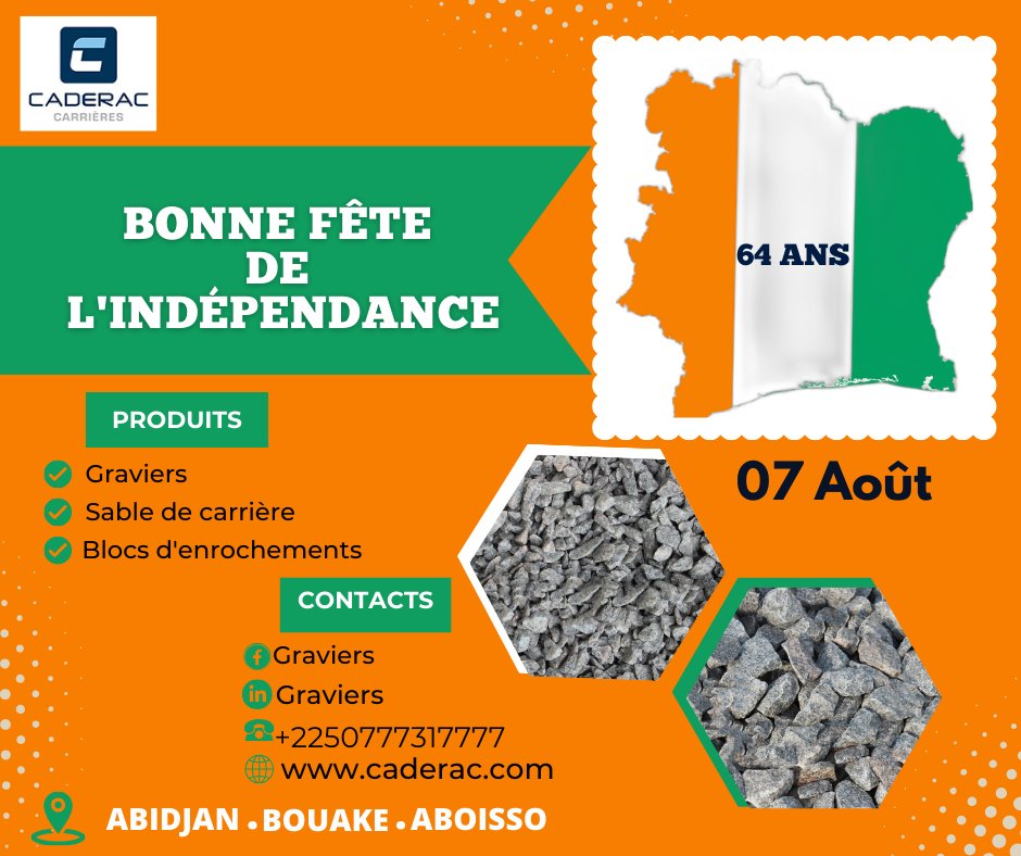 caderac_SA's tweet photo. Joyeuse fête de l'indépendance à tous les Ivoiriens🇨🇮🎉, notre beau pays la Côte d'Ivoire a en ce jour 64 ans! Que cette journée spéciale nous rappelle les efforts de nos prédécesseurs afin de porter haut le flambeau ivoirien!🇨🇮🎊
https://t.co/etHLCvhbKh
#caderac
#independance https://t.co/EfHqHnag73