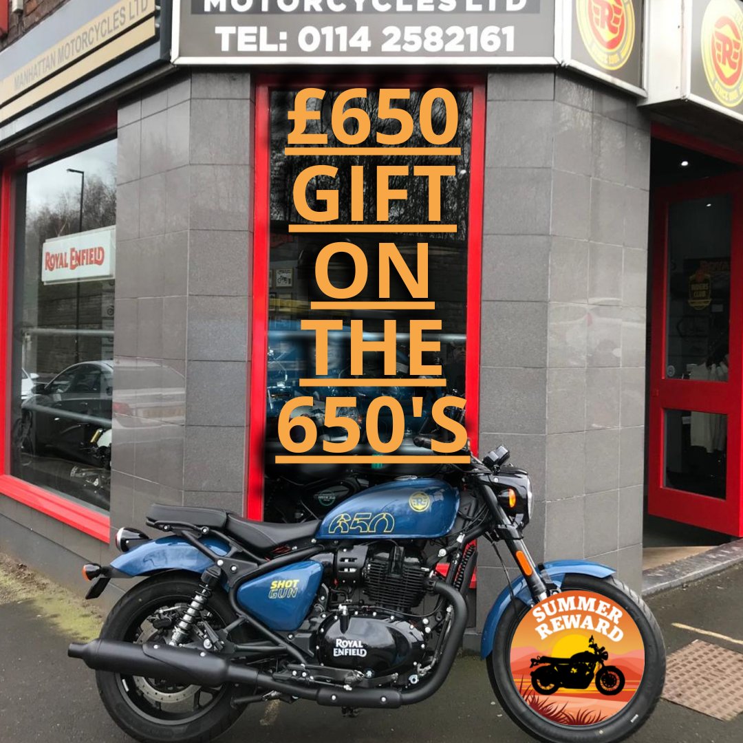LtdManhattan's tweet photo. Our £650 gift on the 650's. You can choose from either a £650 deposit contribution, genuine accessories, or genuine clothing at Manhattans.

Offer valid on these 650s; Interceptor, GT, and The Super Meteor. Call into Manhattans today. Offer valid until Sept 15th. #manhattanbikes https://t.co/yruyQlL8w9