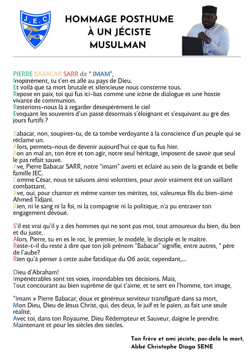 Hier à l’enterrement, entendre les témoignages des Prêtres et Imams sur la personne de Pierre Babacar Sarr m’ont rempli d’émotions et m’ont rappelé à quel point c’était beau la cohabitation entre Chrétiens et Musulmans.
Que Dieu dans sa bonté fortifie cette entente.
RIP Pierre 🙏🏿