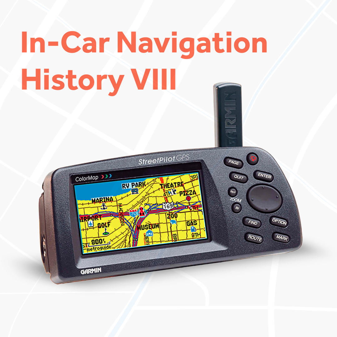 By 1998, Garmin’s StreetPilot was their first portable GPS for cars, with a B/W screen and map cartridges for around $550. It was portable for use in different cars or rentals. Full GPS functionality in commercial vehicles came in 2000 due to U.S. limits.