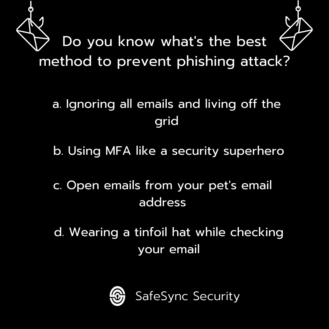 safesync_social's tweet photo. Lets test your knowledge on Phishing!!!🎣
Comment your answer and best way to avoid phishing email below!! 👇👇👇
#cybersecurity #safesync #safesyncsecurity #cybersecurityservices #phising #spamemails #MFA https://t.co/QEJJrfOgbX