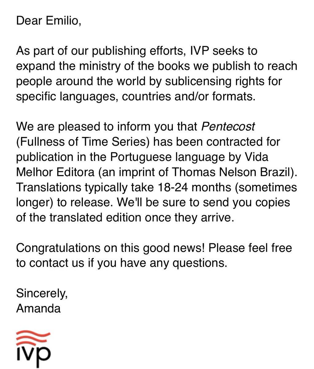Excited that the work Pentecost: A Day of Power for All People published by InterVarsity Press is now being translated in Portuguese! This book now exists in multiple languages around the world. <a href="/ivpress/">InterVarsity Press</a> we still need Pentecostal Orthodoxy in Spanish.
