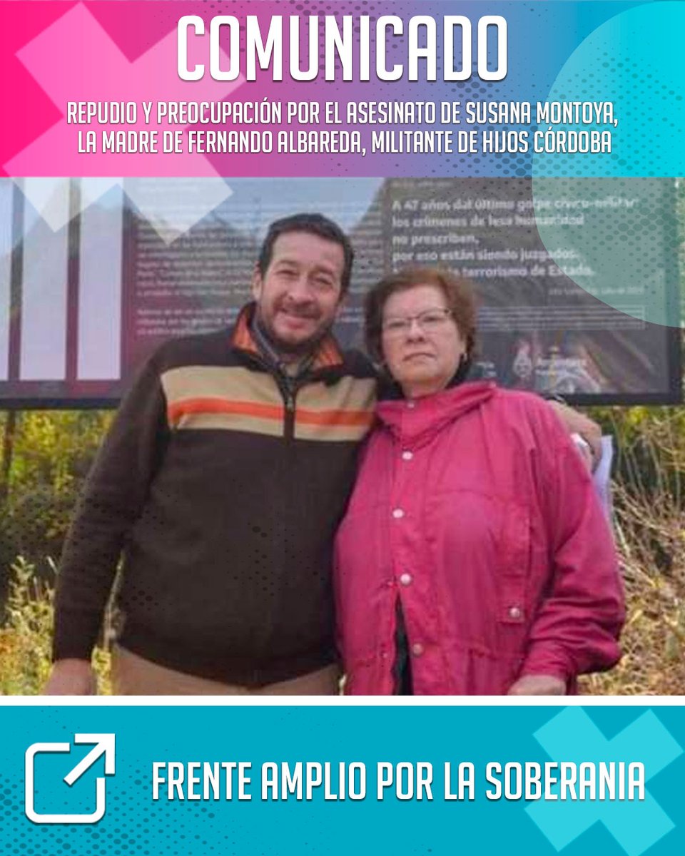 FASoberania's tweet photo. El Frente Amplio por la Soberanía (FAS) manifiesta su repudio y preocupación por el asesinato de Susana Montoya, la madre de Fernando Albareda, militante de HIJOS Córdoba https://t.co/HTa9R9pDQU