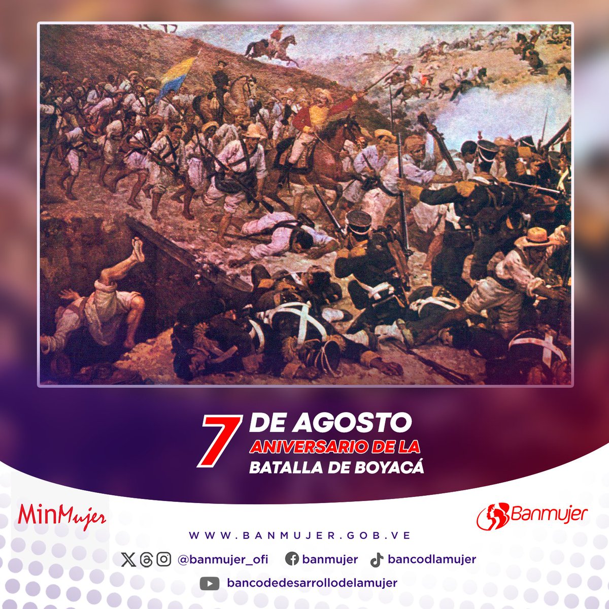 🗓️#07Ago Este combate en 1819, fue decisivo para la independencia del virreinato de la Nueva Granada, y para que la corona dejara de controlar a los territorios que comprenden a los actuales Colombia, Venezuela, Ecuador, Panamá y la Guyana Esequiba.
<a href="/NicolasMaduro/">Nicolás Maduro</a> 
<a href="/DhelizAlvarez/">Dheliz Álvarez</a>