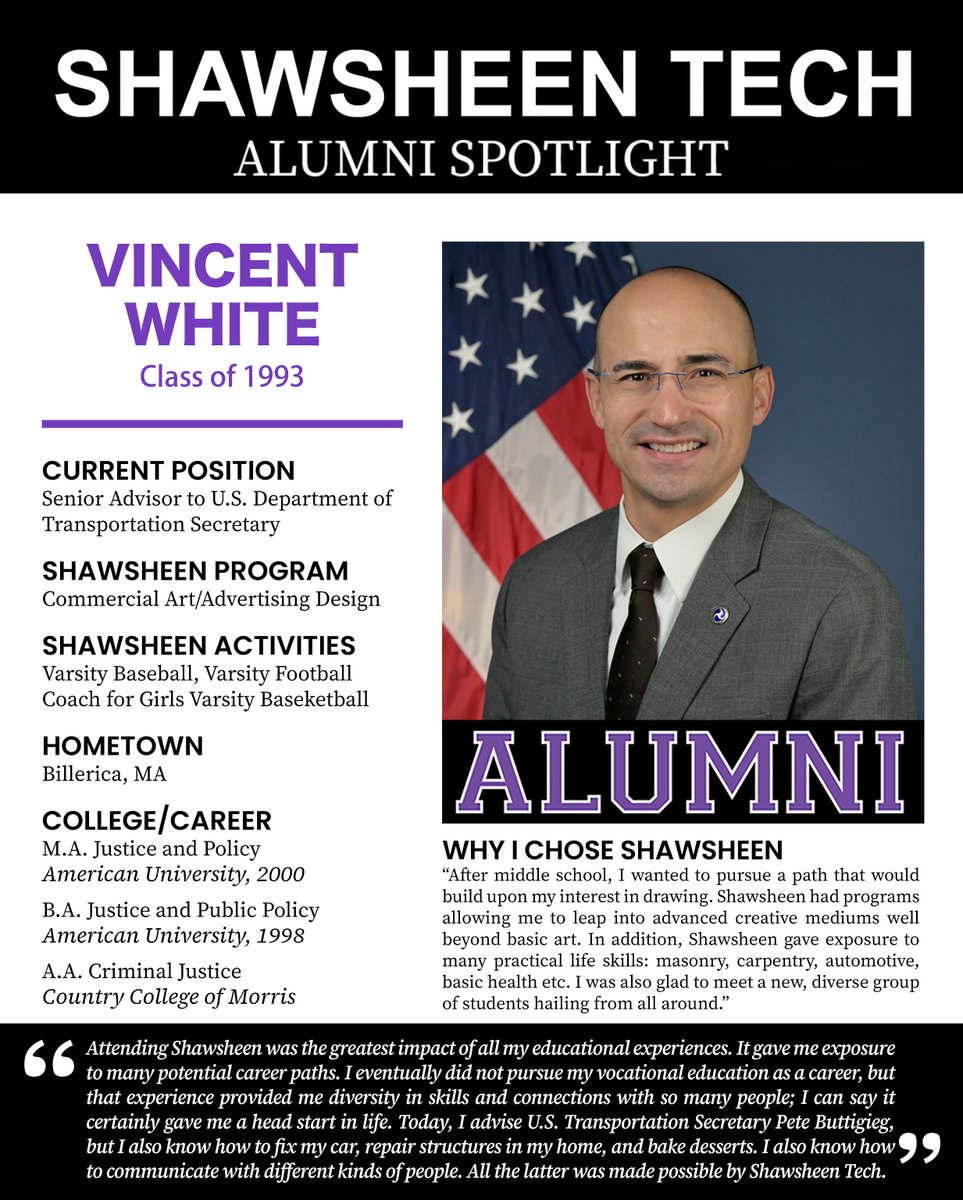 shawtech_hs's tweet photo. Meet Vincent White our August #AlumniSpotlight! Vincent is the Senior Advisor to the U.S. Transportation Secretary. He graduated from Shawsheen's #CommercialArt & advertising program. Check out his bio! @svthsaa_alumni
#ShawTechAlum connect with us: https://t.co/IXPBBfpnvh https://t.co/KafZmxXfCD