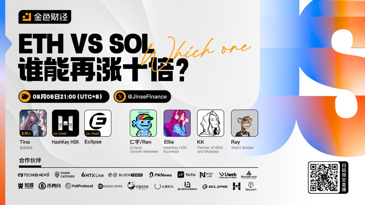 JinseFinance's tweet photo. 👊ETH🆚SOL，还能再涨十倍？明晚九点，space直播间，一起围观嘉宾观点碰撞🔥
🎁直播间抽奖：关注@JinseFinance +@HashKeyHSK，参与直播间互动，从听众快照中抽3名，赠送HashKeyHSK提供的周边大礼包一份！
⏰8月8日 21:00（UTC+8）
🌟预约直播：https://t.co/IbdBN49lwi

主持人：金色财经  @JinseFinance
共同主持：
HashKey HSK，@HashKeyHSK
Eclipse @EclipseFND
直播嘉宾：
仁宇/Ren，Eclipse Growth Marketer，@purplepill3m
Ellie，HashKey HSK EcoHead，@EllyEllyment
KK，Partner of BGA and Moledao，@0xKK_eth
Ray，Web3 Builder，@Ray4btc

合作伙伴：
@News_Techub
@ChainCatcher_
@HTX_Live
@BlockTempo
@PANewsCN
@TinTinLand_ZH
@NodeLab_
@UWEB_CN 
@knowhere_io
@metaeventx
@CryptoWhale1888
@FatProtocol_xyz
@BijiewangCrypto
@Bu_dao_official
@DianDiCaiJing
@blockagora_com