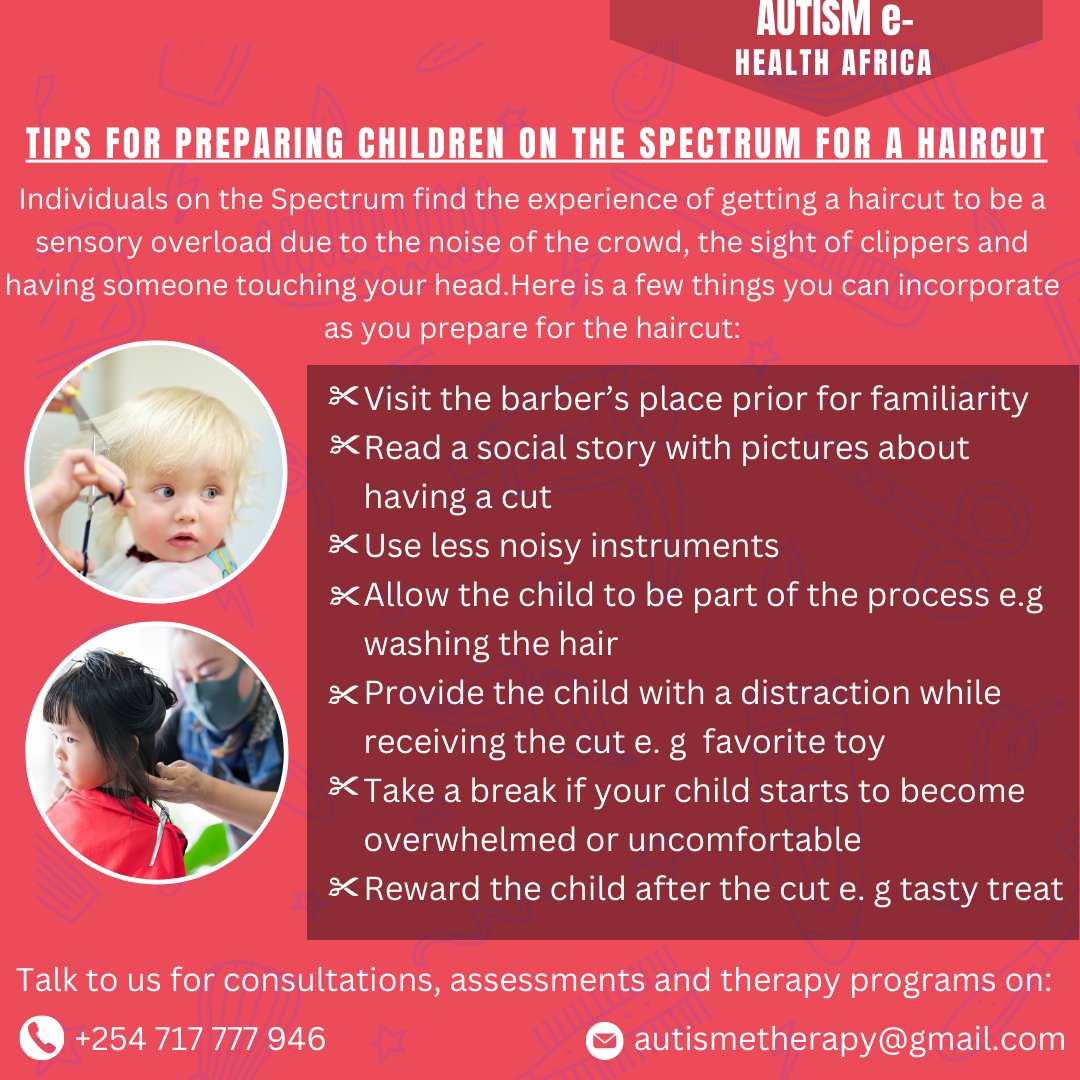 autismetherapy's tweet photo. Getting a hair cut can be a little hectic for children on the spectrum due to sensory issues. Here is a few measures you can put in place to ease the experience
Reach out to us for consultations, assessments and therapy programs
#autismspectrumdisorder
#autismsupport https://t.co/w3BsMh9pCi