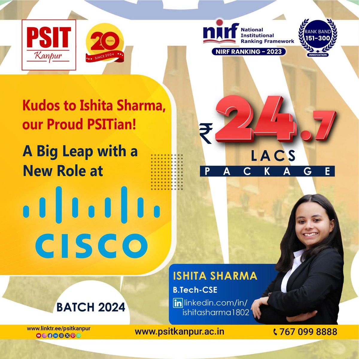 PSITKanpur2004's tweet image. PSIT takes pride in congratulating Ishita Sharma, a shining star from B.Tech - CSE, Batch 2024

#cisco #placement2024 #success #perseverance #selfbelief #successstory #PSITKanpur #determination #endeavours #bestplacements #lifeatpsit #bestengineeringinstitute