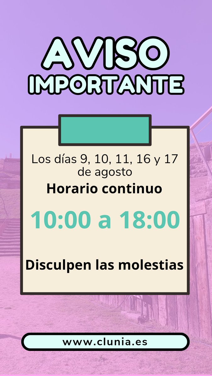 Buenas Clunienses!!
⚠️⚠️Los días del festival de verano para facilitar el trabajo a la organización y que podáis disfrutar del yacimiento cambiaremos nuestro horario habitual por horario continuo.
𝗔𝗯𝗿𝗶𝗺𝗼𝘀 𝗱𝗲 10:00 𝐚 18:00
☺️Os esperamos!!!
#clunia  <a href="/FVeranoClunia/">Festival de Verano de Clunia</a>