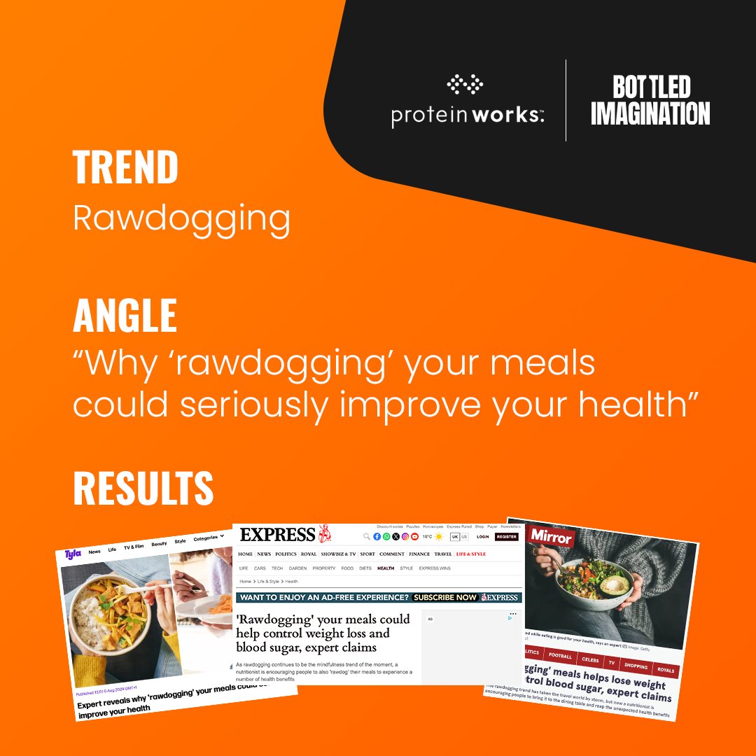 You've heard of rawdogging flights. Well, maybe you should be rawdogging your meals.

A simple, reactive approach turns a highly relevant press topic into the exact subject area Protein Works is a leader in - nutrition and wellness

Links in Tyla, The Mirror, The Express &amp; more