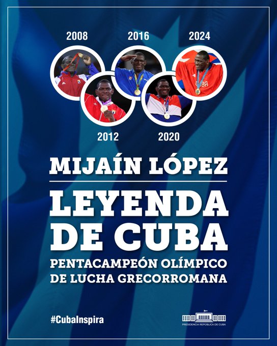 #MijaínLópez escribe una nueva página en la historia del deporte. La bandera cubana en lo más alto del podio. Su quinto título olímpico no solo simboliza oro, sino la pasión, el compromiso y la esperanza de toda #Cuba. Gracias por inspirarnos. Muchas Felicidades Campeón!!!!