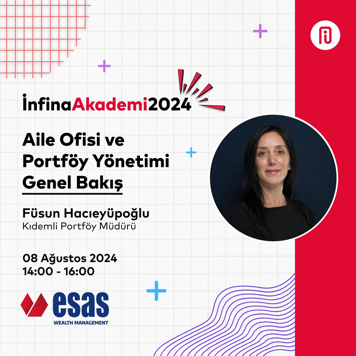 InfinaYazilim's tweet image. 8 Ağustos Perşembe günü @holdingesas Kıdemli Portföy Müdürü Fusun Hacıeyüpoğlu, Akademi programımıza konuk olarak stajyerlerimize &quot;Aile Ofisi ve Portföy Yönetimi Genel Bakış&quot; başlığında eğitim verecek.

#staj #infinaakademi #stajprogramı #esasholding #portföyyönetimi