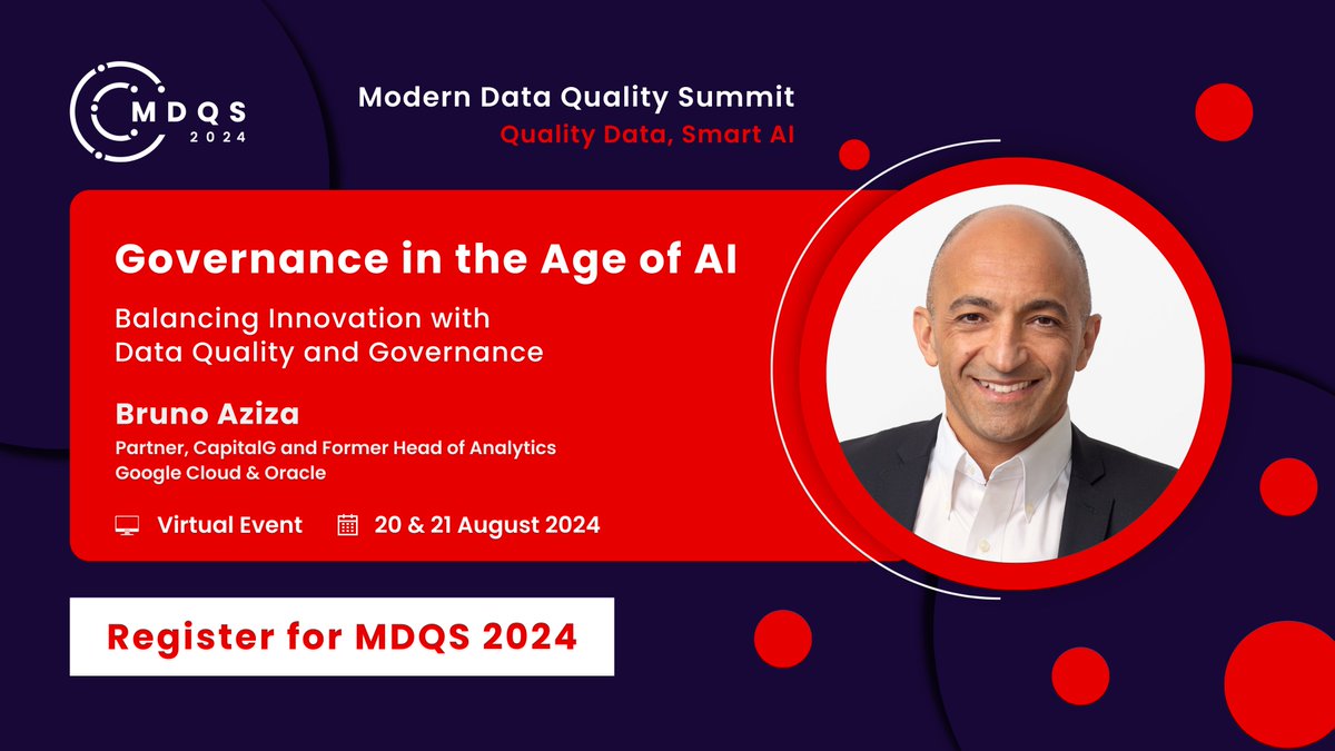 Join MDQS'24 to hear <a href="/CapitalG/">CapitalG</a> Partner Bruno Aziza discuss data quality &amp; governance in the AI era. 

Learn top enterprise AI use cases, AI governance best practices, and insider tips on building AI-ready data strategies. 

Register now: moderndataqualitysummit.com