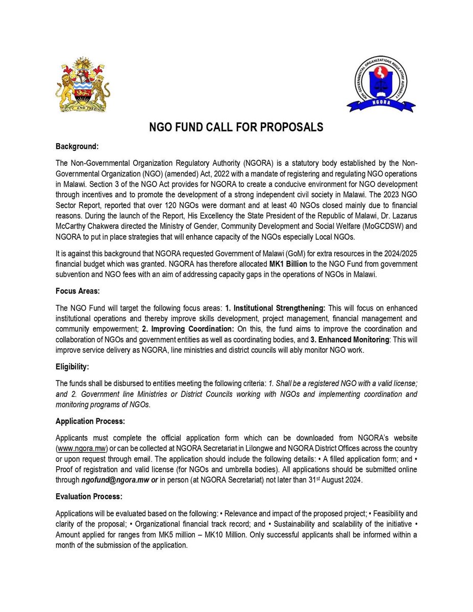 Call for Proposals: NGO Fund
For more information contact:+265 0881 775 880 / ￼0987 74 98 80 (during working hours only)