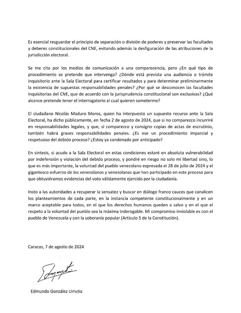 VPITV's tweet photo. #ÚLTIMAHORA | Edmundo González Urrutia no asistiría a la citación de la Sala Electoral del Tribunal Supremo de Justicia (TSJ). “Si acudo estaré en indefensión y violación del debido proceso, y pondré en riesgo no solo mi libertad si no la voluntad del pueblo expresada el #28J”. https://t.co/OG0uA5UyTk