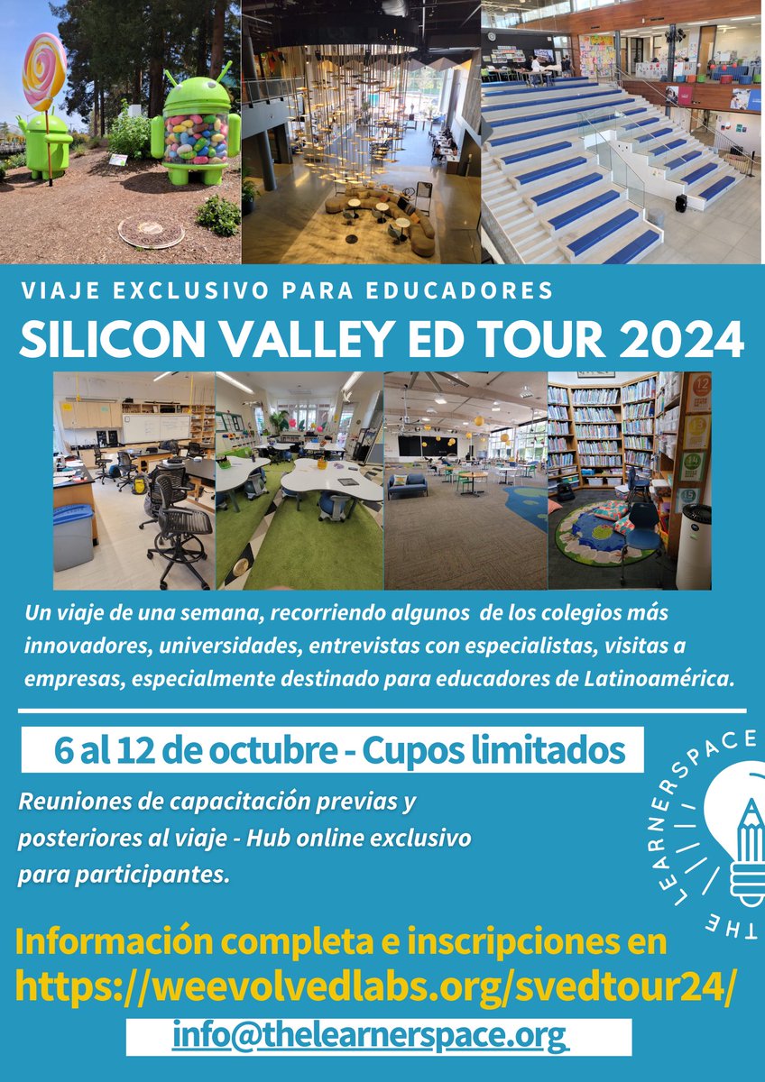 Nuestro tercer viaje a Silicon Valley, una experiencia única, visitando escuelas, univertsidades y algunas de las principales empresas tecnológicas, un viaje especialmente diseñado para educadores de Latinoamérica. Del 6 al 12 de octubre de 2024. weevolvedlabs.org/svedtour24/