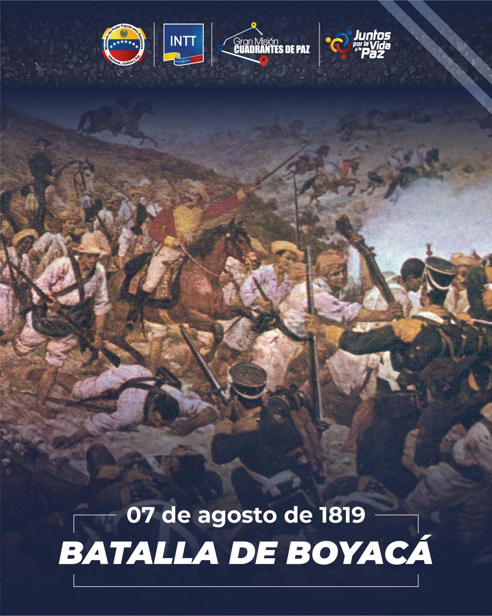 #Efemerides| El #7Ago de 1819 se llevó a cabo La batalla de Boyacá, también conocida como la batalla del Puente de Boyacá, fue la confrontación más importante de la guerra de independencia y que garantizó el éxito de la Campaña Libertadora de Nueva Granada.
#VenezuelaHaceJusticia