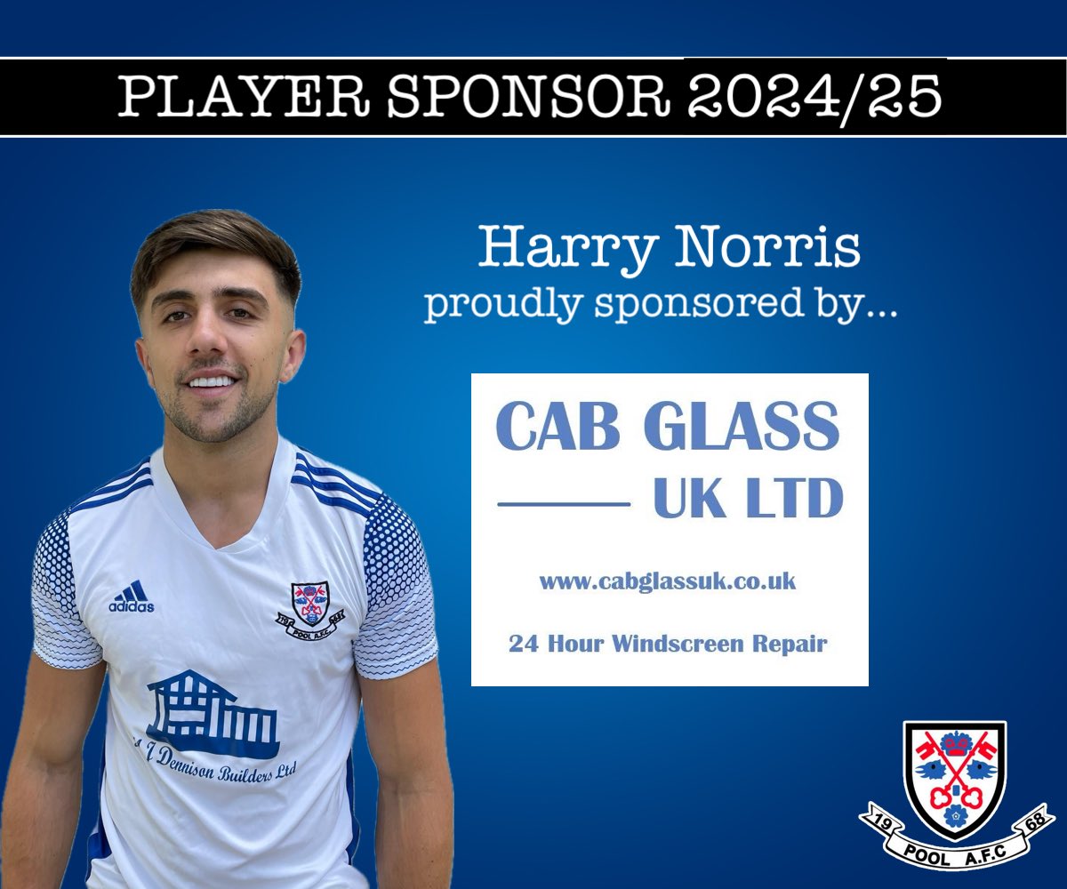 PLAYER SPONSOR ANNOUNCEMENT

Next of our player sponsors for the upcoming 2024/25 season is attacking midfielder Harry Norris, who this season will be sponsored by Cab Glass UK Ltd.

Huge thanks to @cab_glass_uk 

#PoolAFC #playersponsorship