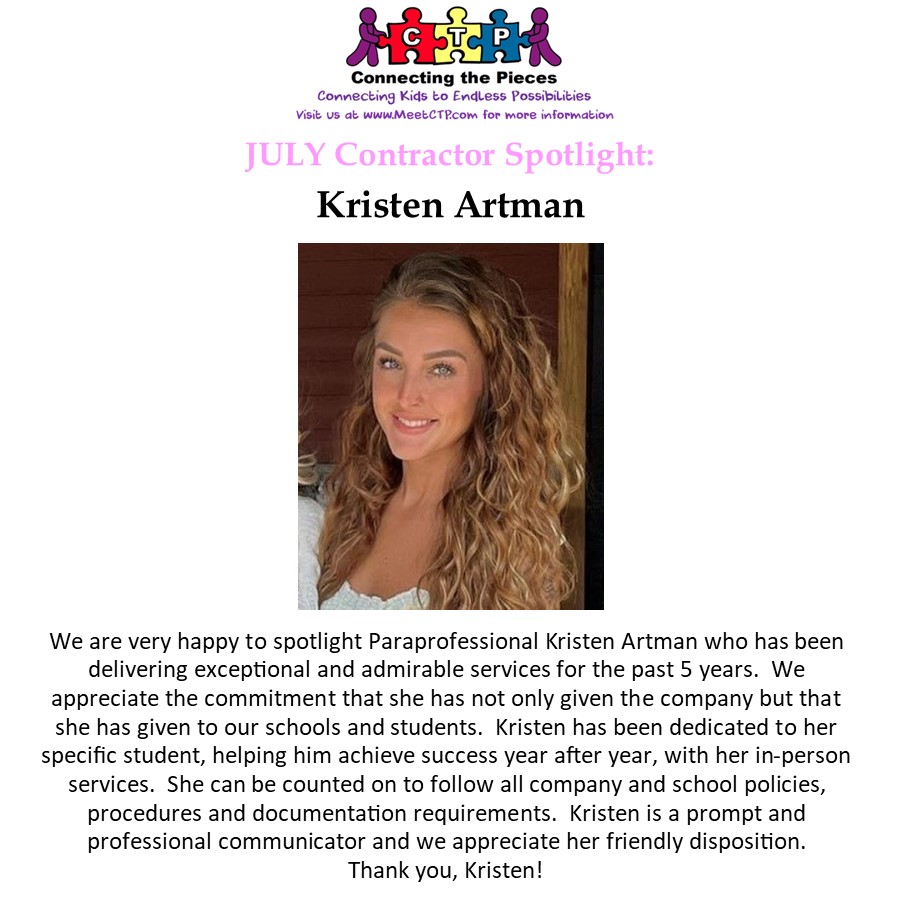 MeetCTP's tweet image. Congratulations to our Contractor Spotlight for July: Kristen Artman! Kristen is an amazing paraprofessional who has been providing quality support for over 5 years! Thank you Kristen for your dedication and high quality services! #spotlight #ABA #SpecialEducation #meetCTP