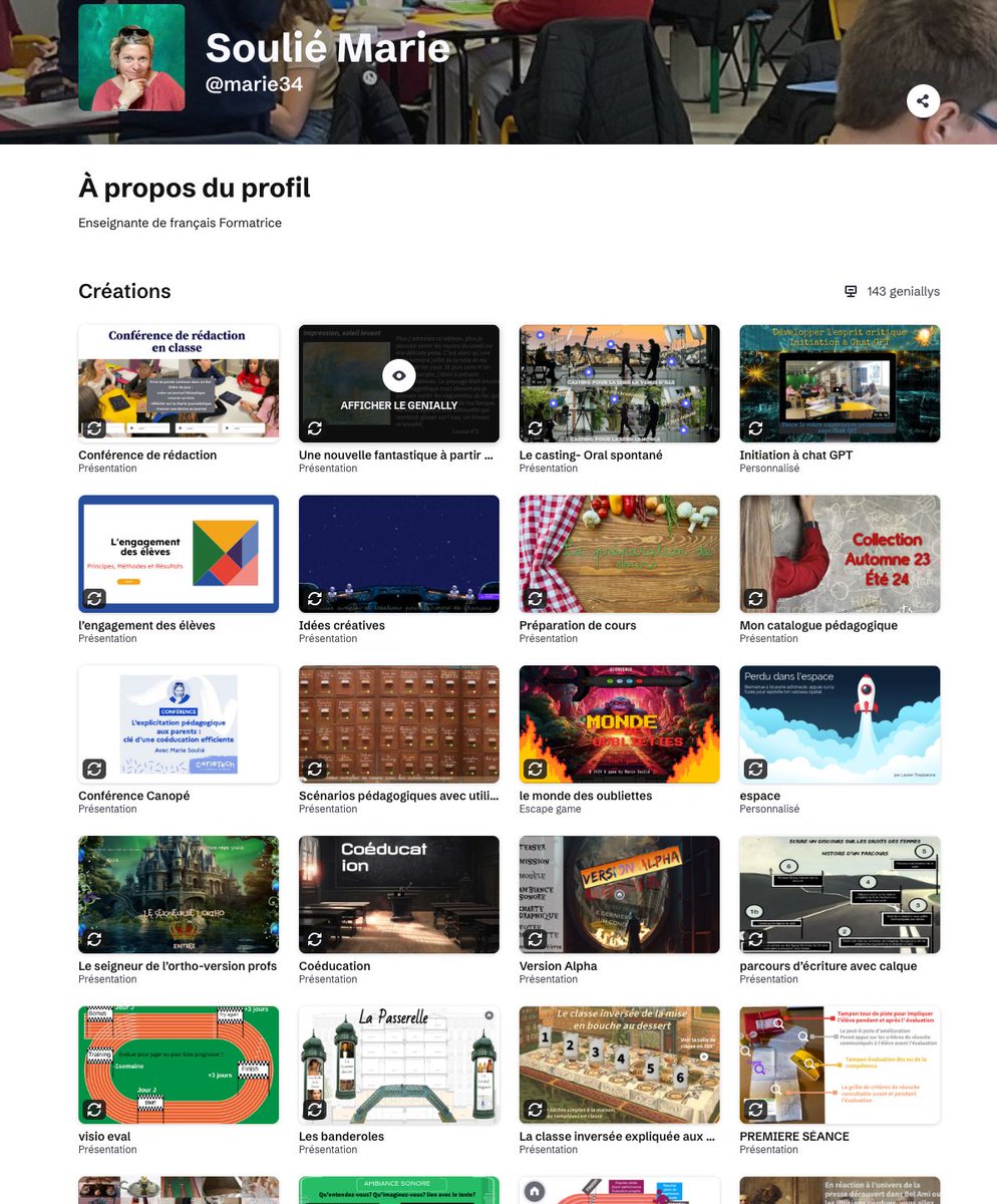 Vous connaissez certainement <a href="/marie34/">Marie Soulié @marie34.bsky.social</a> ?! Mais saviez-vous qu'elle a partagé généreusement + de 100 présentations modifiables #genially ?
buff.ly/4bKfDnf 
#pedagogie #enseignement #education #numerique #TICE