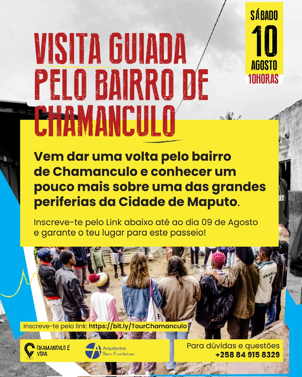 Chamanculoevida's tweet photo. Visita Guiada pelo Bairro de Chamanculo ✨

No dia 10 de Agosto, pelas 10h, vem dar uma volta pelo bairro de Chamanculo e conhecer um pouco mais sobre uma das grandes periferias da Cidade de Maputo.🇲🇿 https://t.co/qG23wfD7xX