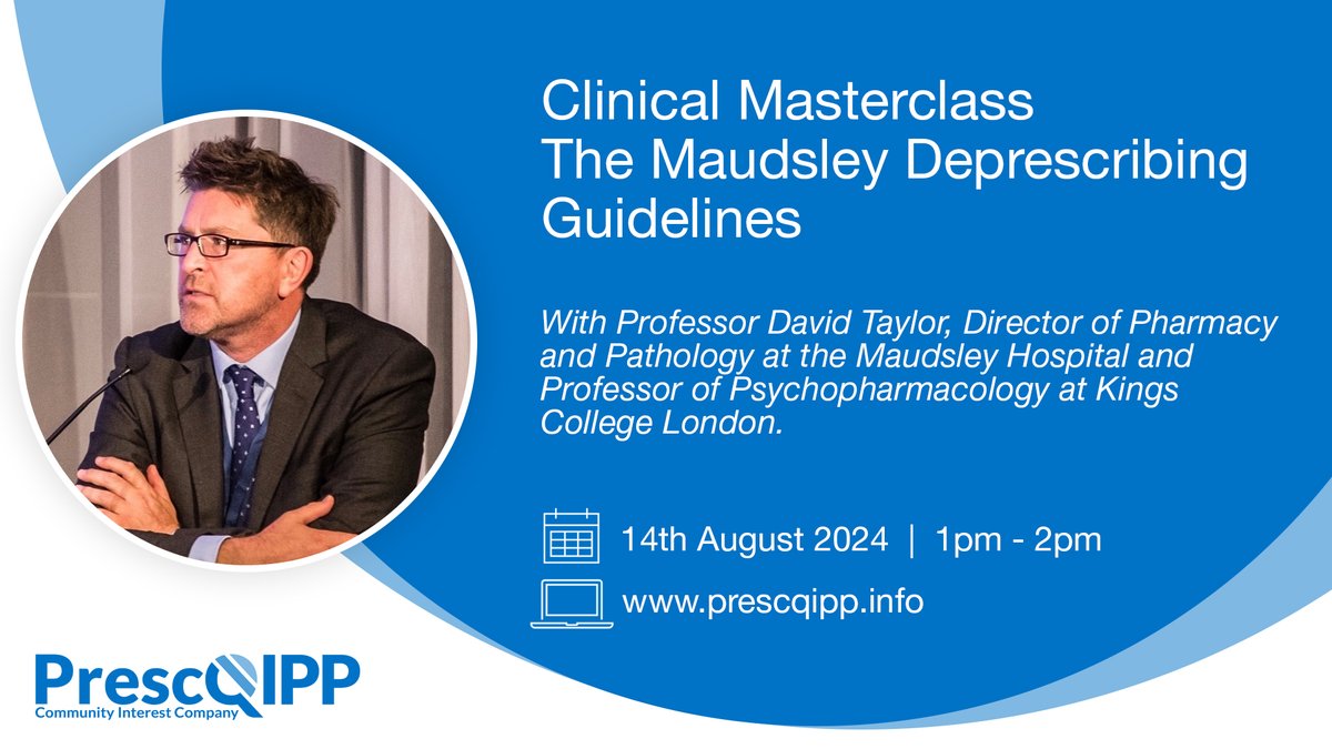 PrescQIPP's tweet photo. On 14 August 1-2pm, we welcome Prof. David Taylor who will talk about ‘The Maudsley Deprescribing Guidelines: Antidepressants, Benzodiazepines, Gabapentinoids and Z-drugs’ which he co-authored.

👉 https://t.co/qMSDdRcLBf

@DavidTa23968240 @MaudsleyNHS @LellyOboh @WePharmacists https://t.co/Lg5QG9xAVY