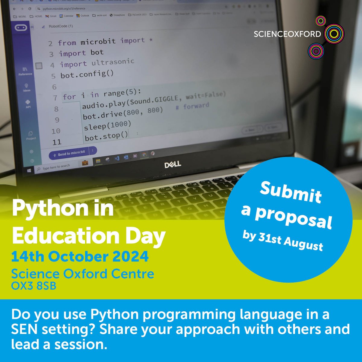 scienceoxford's tweet image. We’re inviting proposals for sessions at our #PythoninEducation Day that could guide teachers & volunteers in approaches to using #Python programming language in a SEN setting: ow.ly/mgIi50SSFZy @PythonUK @Microbit_edu