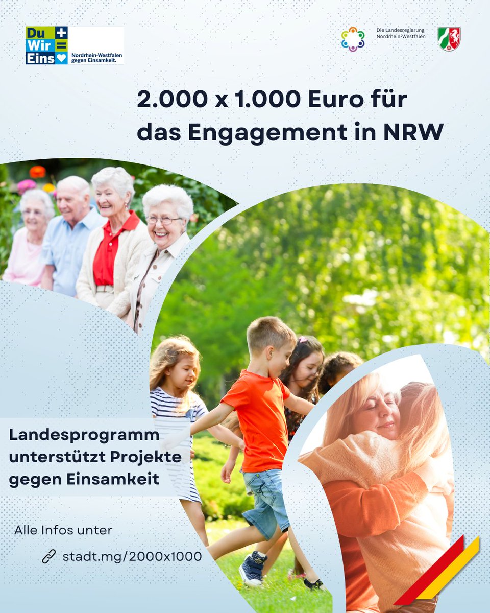 🌟 Engagement gegen Einsamkeit in NRW 🌟
Die Landesregierung NRW unterstützt wieder bürgerschaftliches Engagement 💪
ℹ️ Alle Infos findet ihr gebündelt hier 👉 stadt.mg/2000x1000
