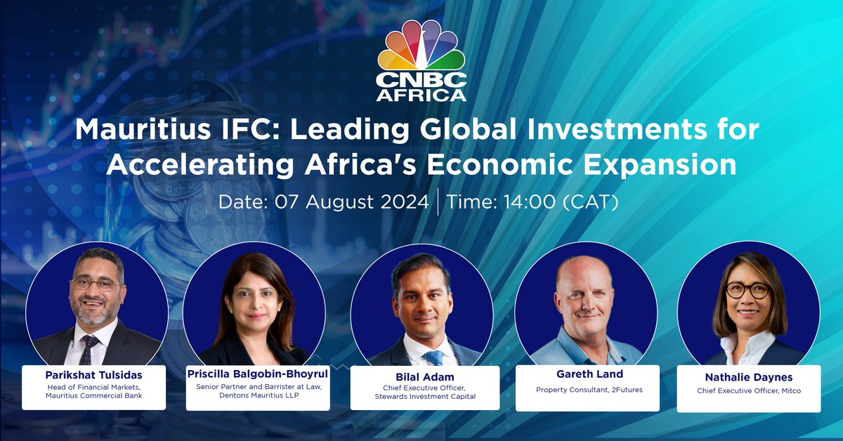 cnbcafrica's tweet photo. [EVENT] Join us on August 7 at 14:00 CAT for a panel discussion with leading experts on how global investments and strategic platforms can accelerate Africa’s economic growth. #StewardsInvestment #MCBGroup #2futuresmauritius https://t.co/7yztzn9w6V