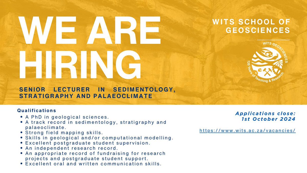 We are looking for a Lecturer or Senior Lecturer focusing on Sedimentology, Stratigraphy, and Palaeoclimate! The application deadline is 1 October. For more details, please visit the following link: wits.ac.za/vacancies/
 #academictwitter #science #wits #witsgeoscience