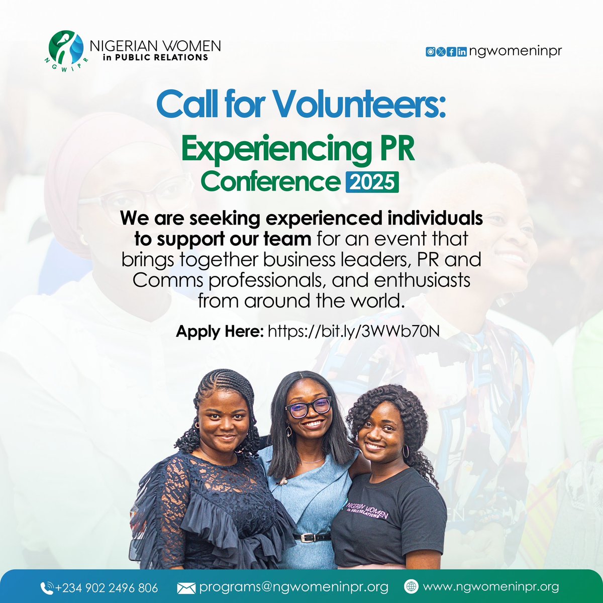 NGWomeninPR's tweet photo. Join Us at the Forefront of PR: Volunteer for the Experiencing PR Conference 2025! We’re looking for seasoned professionals to help us create a world-class event.
Apply here: https://t.co/OJkAhbY1ai
#NigerianWomeninPR #EPRConference https://t.co/iGAfjp2wRh