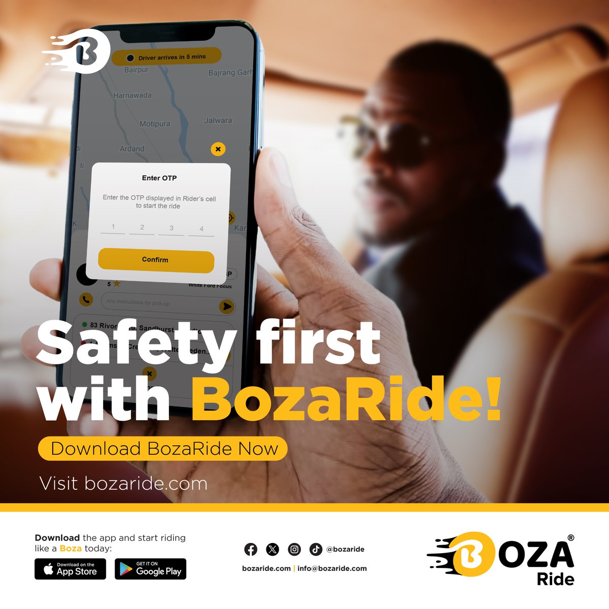 BozaRide's tweet photo. Safety first with BozaRide! Our cars are equipped with biometric checks and SOS buttons. Enjoy 50% off your first ride up to R100 with promo code BZRD50. Ride now!#BozaRide #SafetyFirst #SmartRides
Download Now: https://t.co/TtiJyYS1eI https://t.co/rWQiT5LNd1