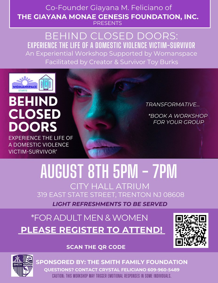 WomanspaceInc's tweet photo. Join us & Councilwoman Crystal Feliciano for "Behind Closed Doors" tomorrow, Aug 8th, at City Hall Atrium, Trenton, NJ. Free & open to the public, but registration is required. Don't miss this enlightening event! 💜 #BehindClosedDoors #TrentonNJ #Womanspace https://t.co/R38503TScF