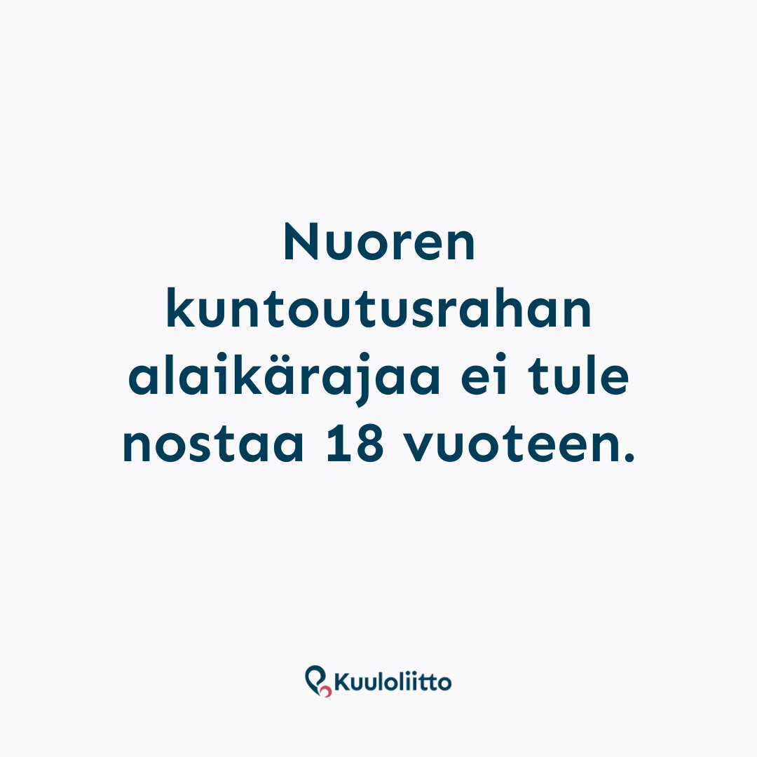 Hallitus esittää, että nuoren kuntoutusrahaa ja eräitä muita etuuksia ei enää myönnettäisi alle 18-vuotiaille. Esitetty muutos heikentäisi kuntoutusrahaa tarvitsevien kuulovammaisten nuorten mahdollisuuksia opiskella toisen asteen tutkinto. Lausuntomme: kuuloliitto.fi/toiminta/lausu…