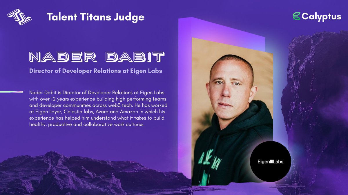 CalyptusCareers's tweet photo. π Introducing one of our #TalentTitans Judges! π
π¨ββοΈ Meet Nader Dabit (@dabit3), Director of Developer Relations at @eigenlabs. https://t.co/ERtnXbRAN8