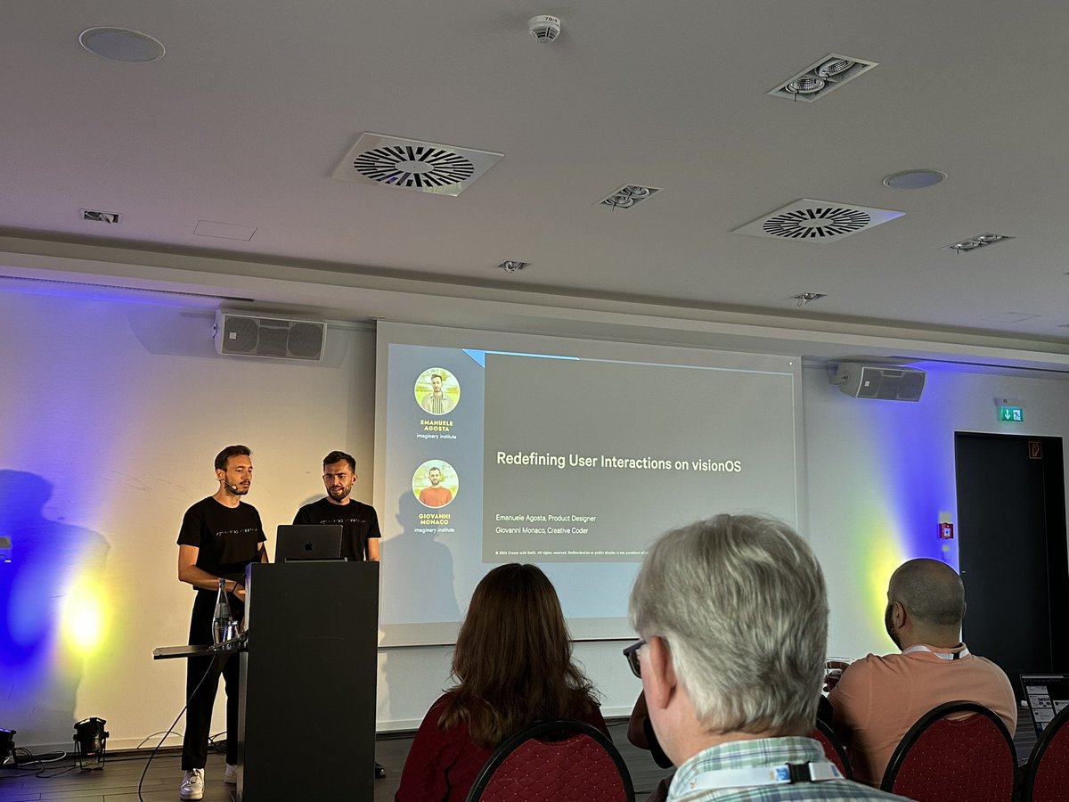 TacticalGrace's tweet image. First talk after lunch at @SwiftConf is about visionOS by @emanueleagosta1 and @giovanni_jean with the title “Redefining user interactions on visionOS”