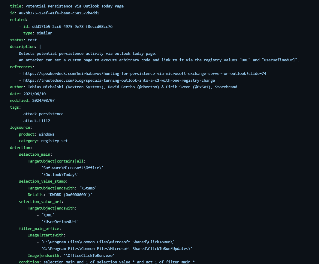 sigma (@sigma_hq) on Twitter photo While SigmaHQ had rules for Outlook Today/Home pages abuse (persistence related). The recent Specula blog from <a href="/TrustedSec/">TrustedSec</a> revealed some new information that helped us update those rules.
Thanks to <a href="/dbertho/">David Bertho</a> & <a href="/0xSV1/">SV1</a> contribution, we've updated the rule to increase the coverage. While SigmaHQ had rules for Outlook Today/Home pages abuse (persistence related). The recent Specula blog from <a href="/TrustedSec/">TrustedSec</a> revealed some new information that helped us update those rules.
Thanks to <a href="/dbertho/">David Bertho</a> & <a href="/0xSV1/">SV1</a> contribution, we've updated the rule to increase the coverage.