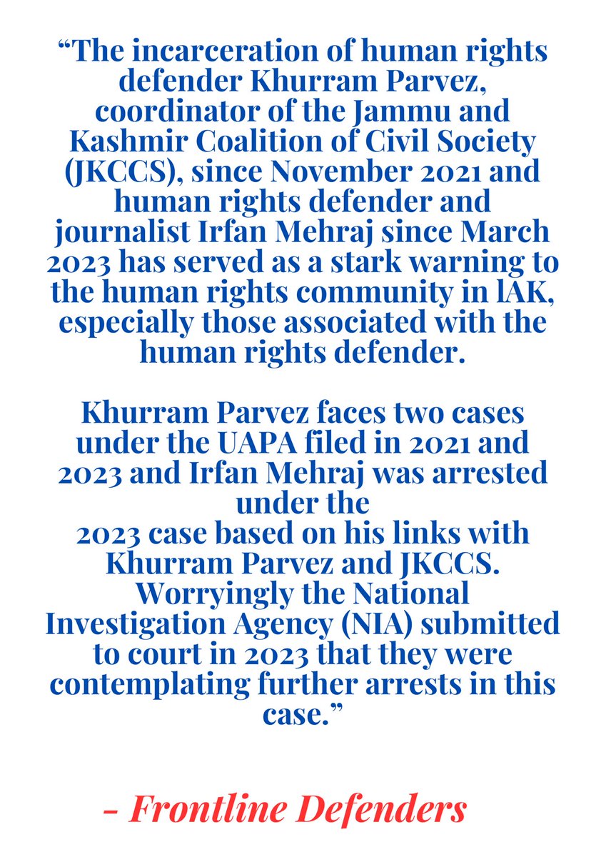 .<a href="/FrontLineHRD/">Front Line Defenders</a> statement marking five years since August 5, 2019, points to the reprisals against Human Rights Defenders in #Kashmir &amp; the silencing of critical voices, and reiterates its demand to release Khurram Parvez &amp; Irfan Mehraj

frontlinedefenders.org/en/statement-r…