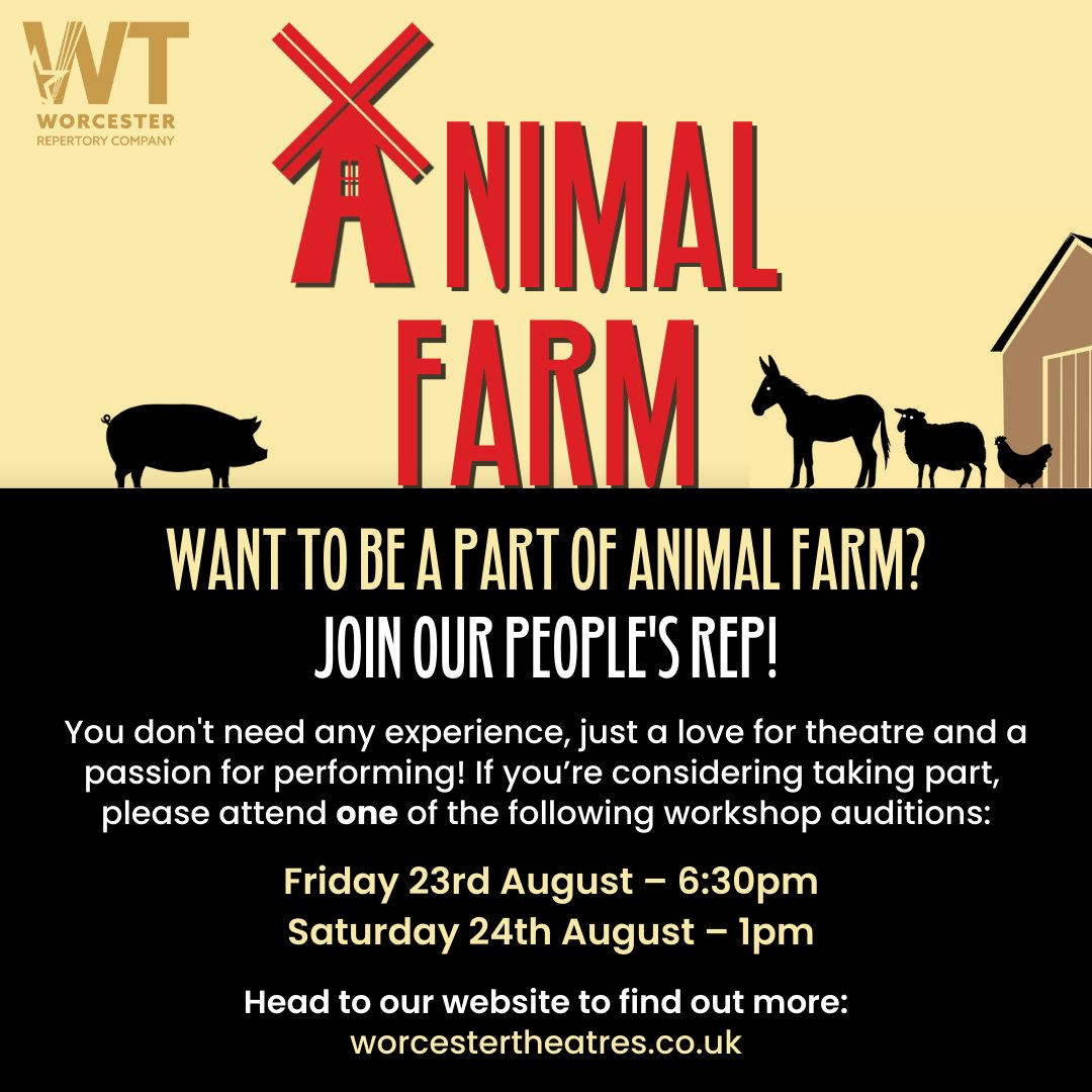 Worcester Theatres (@worcstheatres) on Twitter photo You’re invited to take part in the Worcester REP’s production of Animal Farm! 🐷🐴
Whether you're an aspiring actor or are simply interested in the arts, you don’t need any experience and auditions are open to all 🤩
To sign up, please contact outreach@worcestertheatres.co.uk📧 You’re invited to take part in the Worcester REP’s production of Animal Farm! 🐷🐴
Whether you're an aspiring actor or are simply interested in the arts, you don’t need any experience and auditions are open to all 🤩
To sign up, please contact outreach@worcestertheatres.co.uk📧