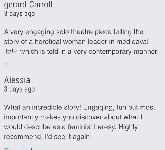 Elena Mazzon (@elenamazzon2) on Twitter photo A few gorgeous audience reviews from the first days of <a href="/edfringe/">Edinburgh Festival Fringe</a>! What are you waiting for? Come and meet Her Holiness The Popess! #soloshow#darkcomedy#womenempowerment A few gorgeous audience reviews from the first days of <a href="/edfringe/">Edinburgh Festival Fringe</a>! What are you waiting for? Come and meet Her Holiness The Popess! #soloshow#darkcomedy#womenempowerment