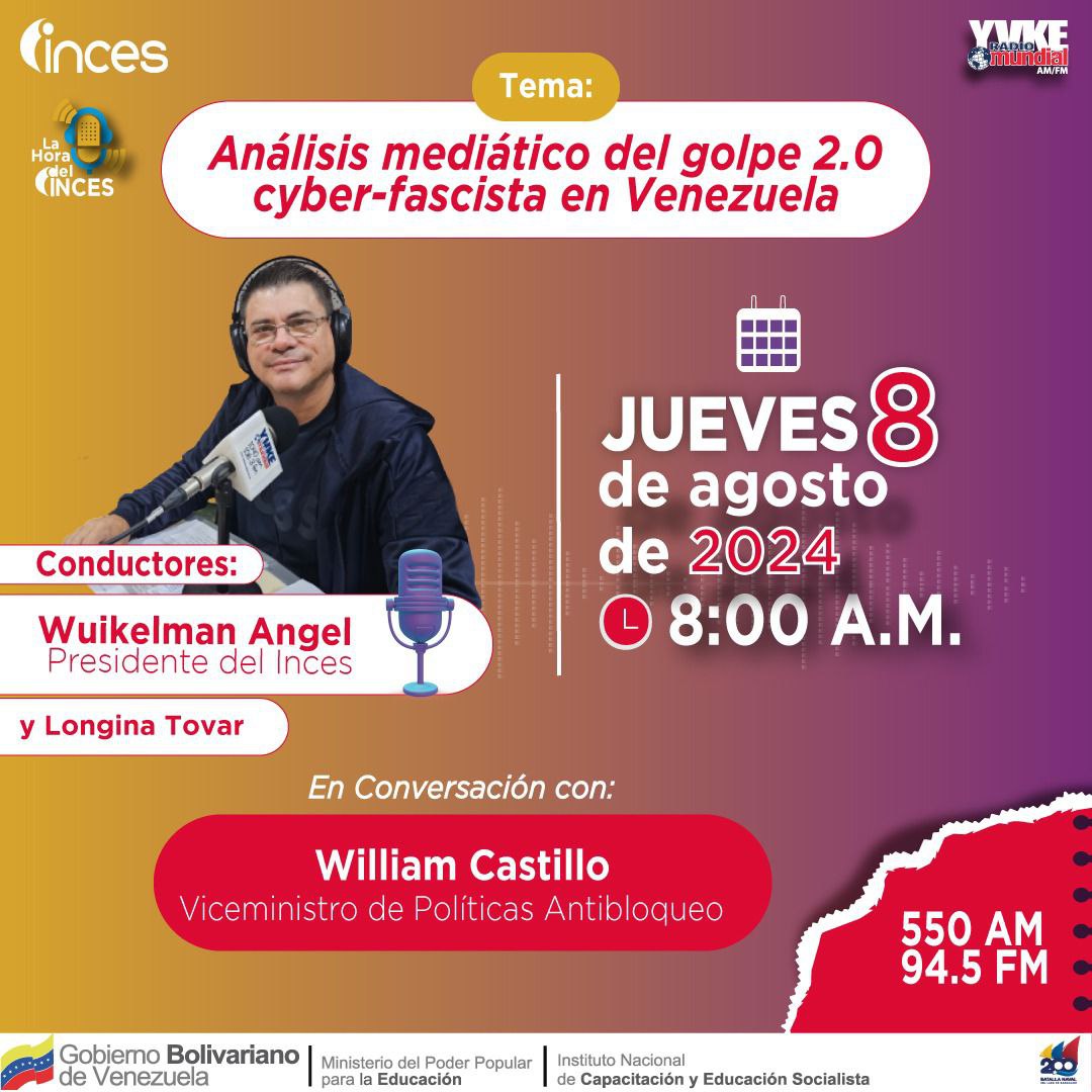 Escucha este y todos los jueves La Hora del Inces por YVKE Mundial, a las 8 de la mañana.

Un espacio para discutir temas de actualidad e interés.

Este jueves con el viceministro de Políticas Antibliqueo, William Castillo. #AprendeLaTécnica