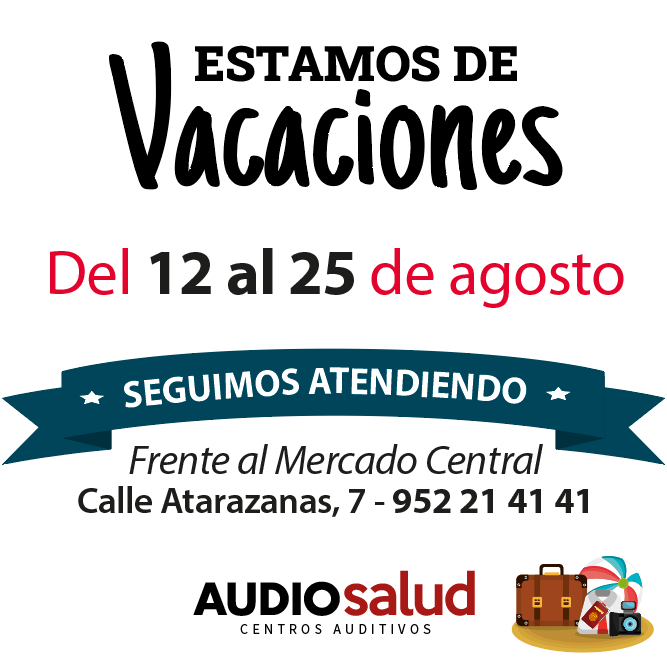 Este año nos vamos a tomar un descanso en agosto en los centros auditivos de Barbarela y Carlos Haya.
Del 15 al 25 de agosto estos centros estarán cerrados pero seguiremos atendiendo a todos los pacientes en Atarazanas. Pidan cita en el 952 21 41 41.