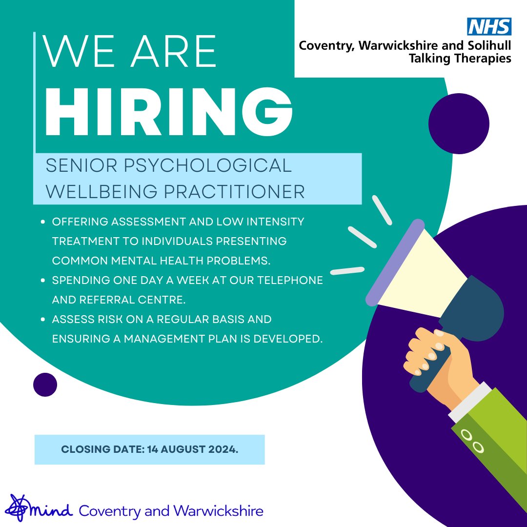 CWPTTalkTherapy's tweet photo. 📢 Join our team! 
We're looking for a Senior Psychological Wellbeing Practitioner in our Coventry team. 
For more details and full info, see the job description here: https://t.co/Eyp0loqvyc
Closing date is 14 August 20204. 
Please share and tag anyone who may be interested😊💙 https://t.co/xSoIPmNMFN
