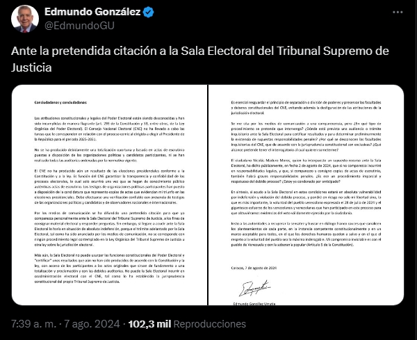 El ex candidato Edmundo González no  acudira al TSJ y alega que el máximo tribunal de este pais no tiene competencia para dirimir la controversia creada por el mismo cuando no reconoce los resultados emitidos por el CNE. Edmundo se burla de los 5.3 millones que votaron por el.