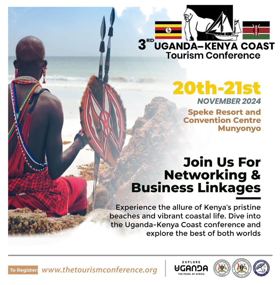 Join us at the 3rd Uganda-Kenya Coast Tourism Conference on November 20-21st.

Theme: “Promoting job creation, inclusiveness, and sustainability”

This is a fantastic opportunity to celebrate and promote the unique beauty of both Uganda and Kenya! From Uganda’s mountain gorillas,