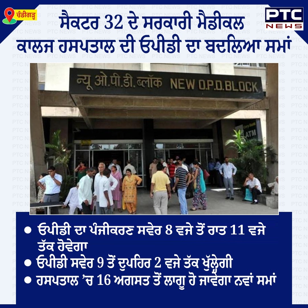 ptcnews's tweet photo. ਚੰਡੀਗੜ੍ਹ ਦੇ ਸੈਕਟਰ 32 ਦੇ ਸਰਕਾਰੀ ਮੈਡੀਕਲ ਕਾਲਜ ਹਸਪਤਾਲ ਦੀ ਓਪੀਡੀ ਦਾ ਬਦਲਿਆ ਸਮਾਂ

#Chandigarh #PunjabNews #PunjabiNews #PTCNews #LatestNews #Hospital #OPDTime https://t.co/rwYeo4r3Hy