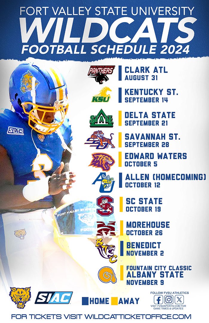blackcollegenc's tweet photo. #ICYMI - Because the 2024 football season is just around the corner … 

The 2024 season schedule for the Fort Valley State Wildcats!

🏈 💛 🏈 💙

#fortvalleystateuniversity #fvsuwildcats #siacfootball #blackcollegefootball #hbcufootball #d2football #blackcollegenc https://t.co/horMCwQ5Ym